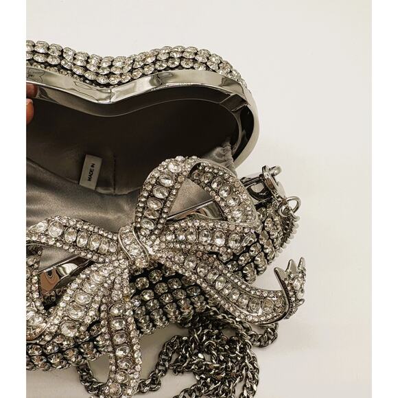 Self Portrait Silver Crystal Bow Heart Evening Bag & Chain Strap - Picture 10 of 12